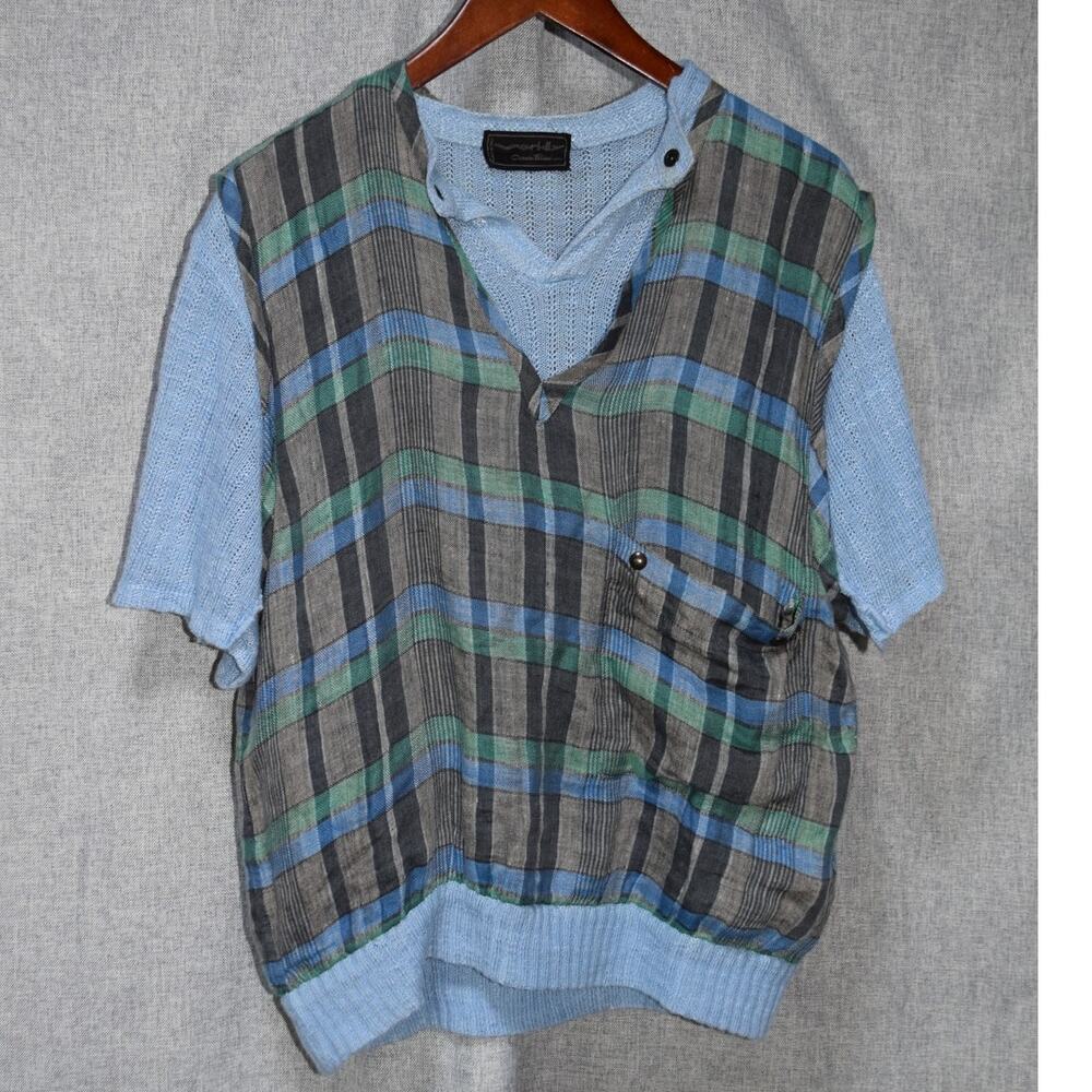 Ogetti Italy Mixed Media Plaid & Knit Short-Sleeve Top Blue Green Gray – Size 46 - Picture 1 of 4